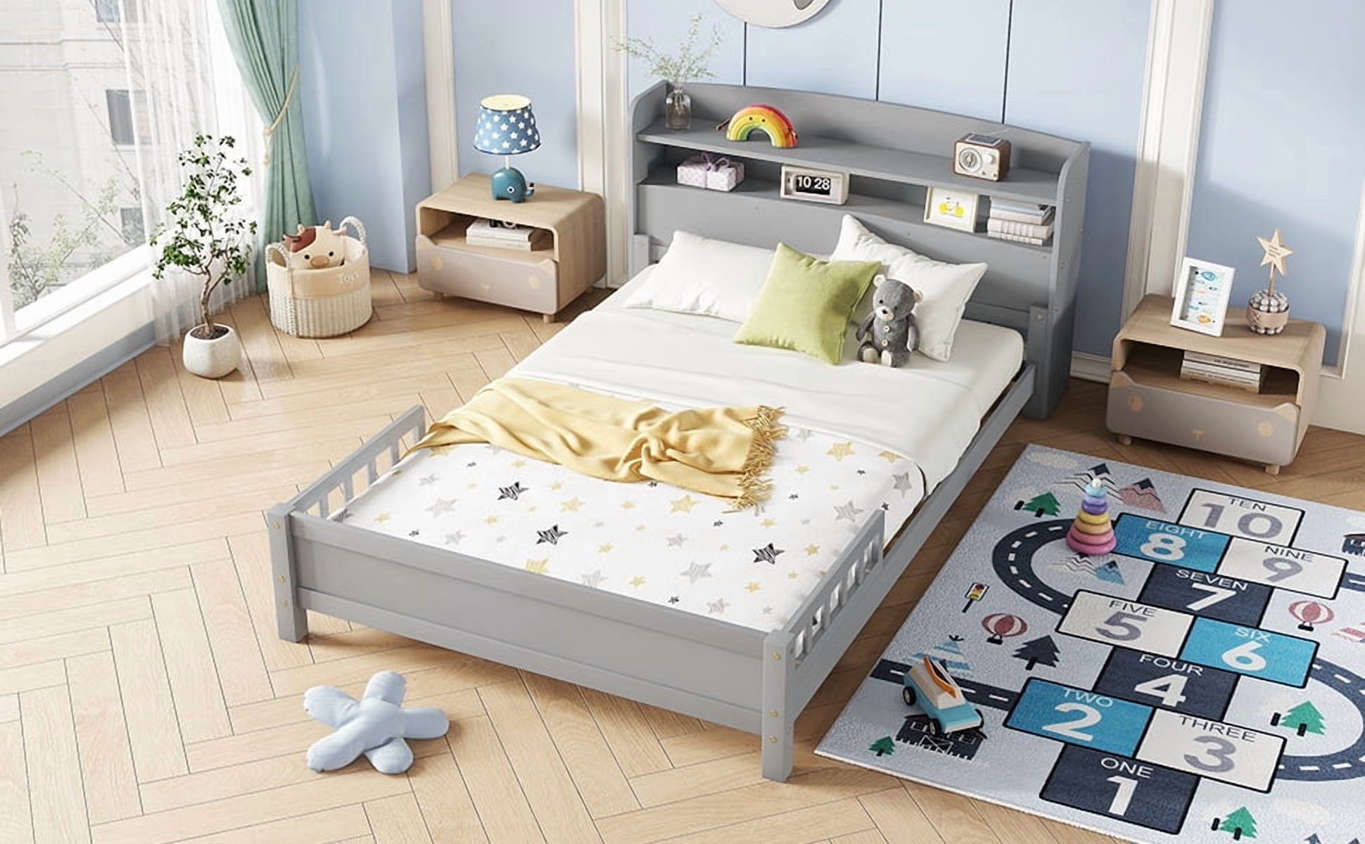 Sailvan Full Pine Wood Bed with Bookcase Headboard, LED Motion Sensor Light & Bed Guardrails