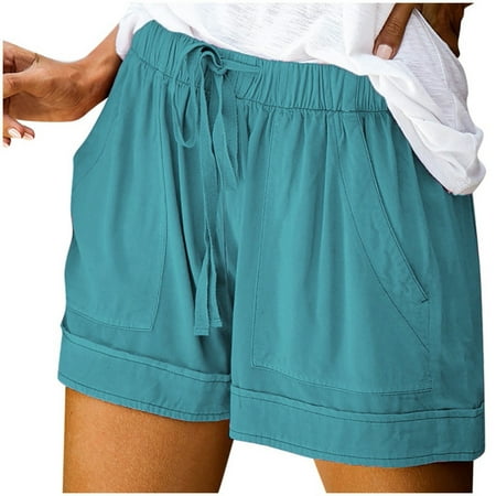 ZPYESWOW High Waisted Shorts Tummy Control Splice Comfy Waist Pants Shorts Loose Elastic Pocketed Womens Casual Drawstring Pants Sports Shorts Blue XL