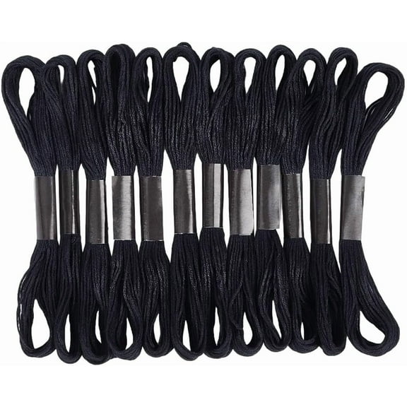 105 Yards 12 Skeins 6Ply Black Embroidery Floss Soild Cross Stitch Thread Needlepoint Friendship Bracelet String Bulk Yarn Threads