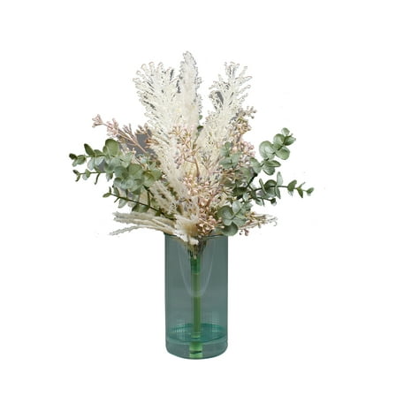 Home Decor Collection 15” Artificial Mixed Floral Arrangement in Green Ribbed Glass Vase for Tabletops – 0.9 lbs