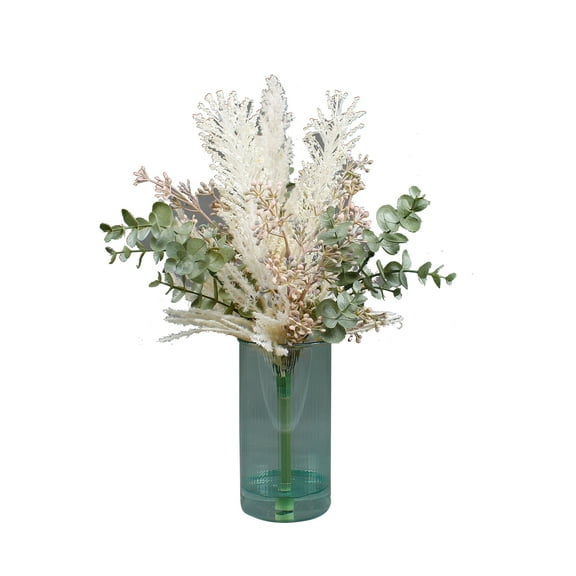 Home Decor Collection 15” Artificial Mixed Floral Arrangement in Green Ribbed Glass Vase for Tabletops – 0.9 lbs