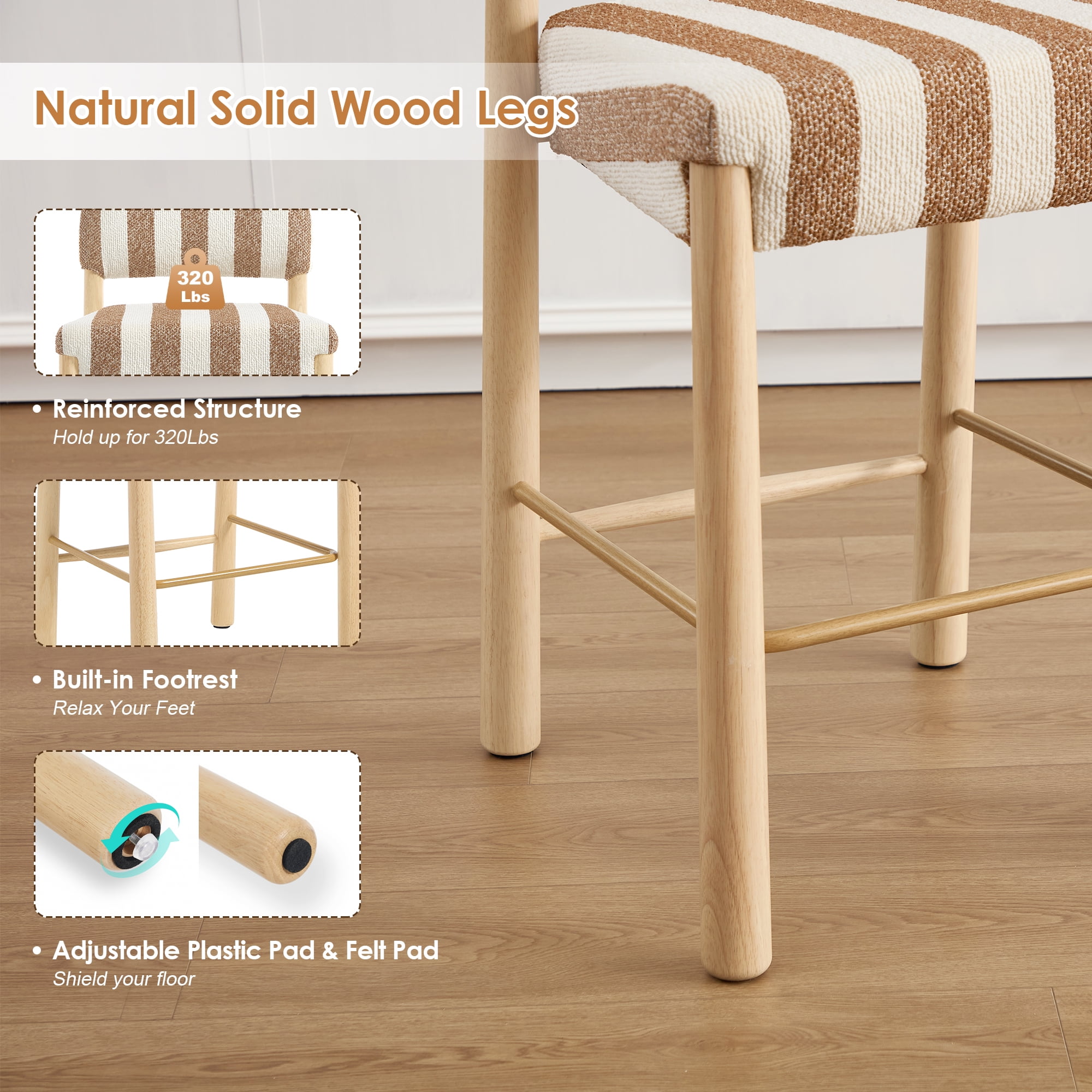 ONEVOG 26.4'' Counter Height Wooden Bar Stools Set of 2, Upholstered Linen Fabric Bar Stools with Arched Back & Solid Wood Legs, BOHO Linen Counter Chairs for Kitchen Island, White & Brown Stripes