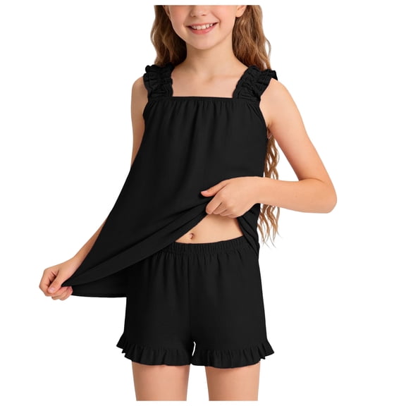 Girls Pajama Set With Cute Print Home Short Sleeve Shorts Pajama Set Print Tank Tops Elastic Shorts Pants Set Cartoon Print 2PCS Set Dailywear Set 13-14 Years