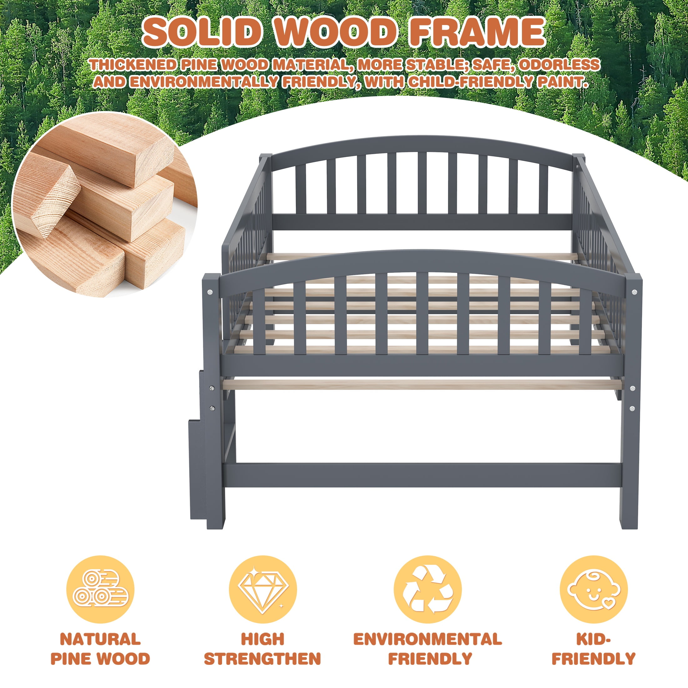 Sesslife Twin Platform Bed Frame, Solid Wood Montessori Toddler Bed Frame with Safety Guardrails and Ladder for Kids, Low Profile Twin Floor Bed with Slats, No Box Spring Needed, 400 lbs, Grey