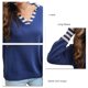thumbnail image 5 of Suéter de punto holgado con puños a rayas, color azul oscuro, cuello vuelto, talla L, para mujer, 5 of 6