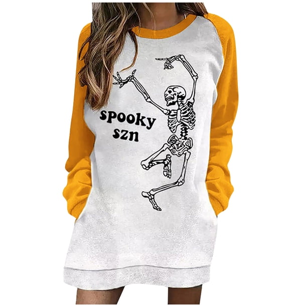 Vestido estampado de Halloween con cuello redondo, manga larga, cómodo, informal, a la moda para mujer Pompotops hdfakjf3827