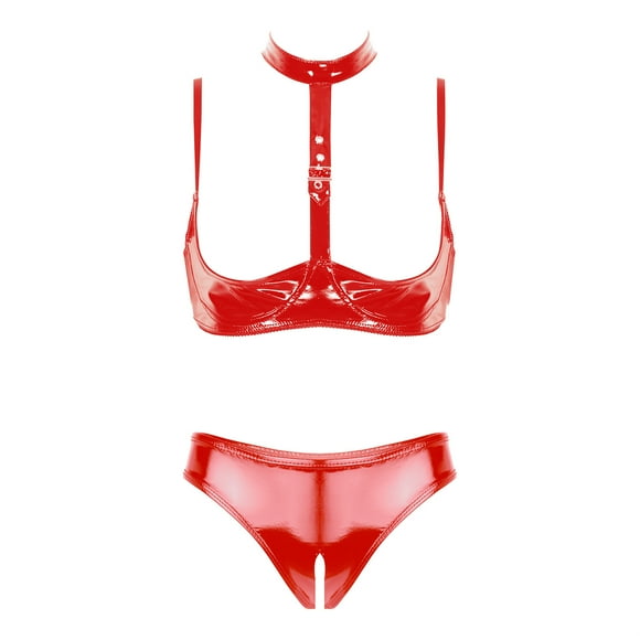 Xnihocha Womens Wet Look Sexy Lingerie Set Push-up Bra Tops with Panties Thong Valentine's Day Nightwear Red L