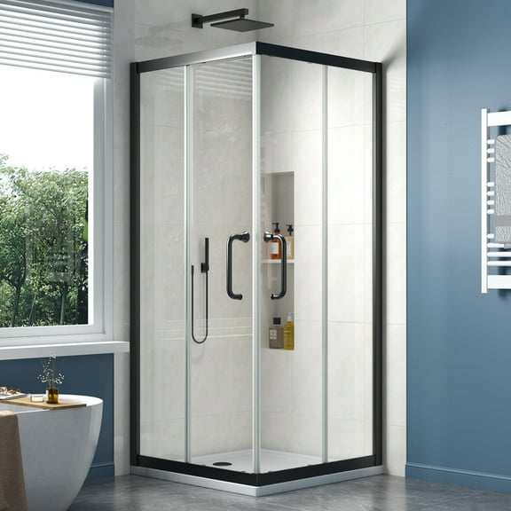 KPUY Shower Enclosure 36" x 36" W x 72" H Double Sliding Corner Shower Door Shower Stall With 1/4" Tempered Clear Glass, Matte Black