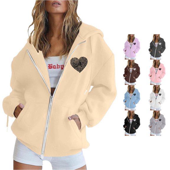 NinXxx Women's Zip Up Print Hoodie Long Sleeve Drawstring Pocket Pullover Beige S