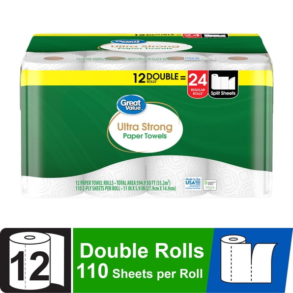 Great Value Ultra Strong Paper Towels, White, 12 Double Rolls