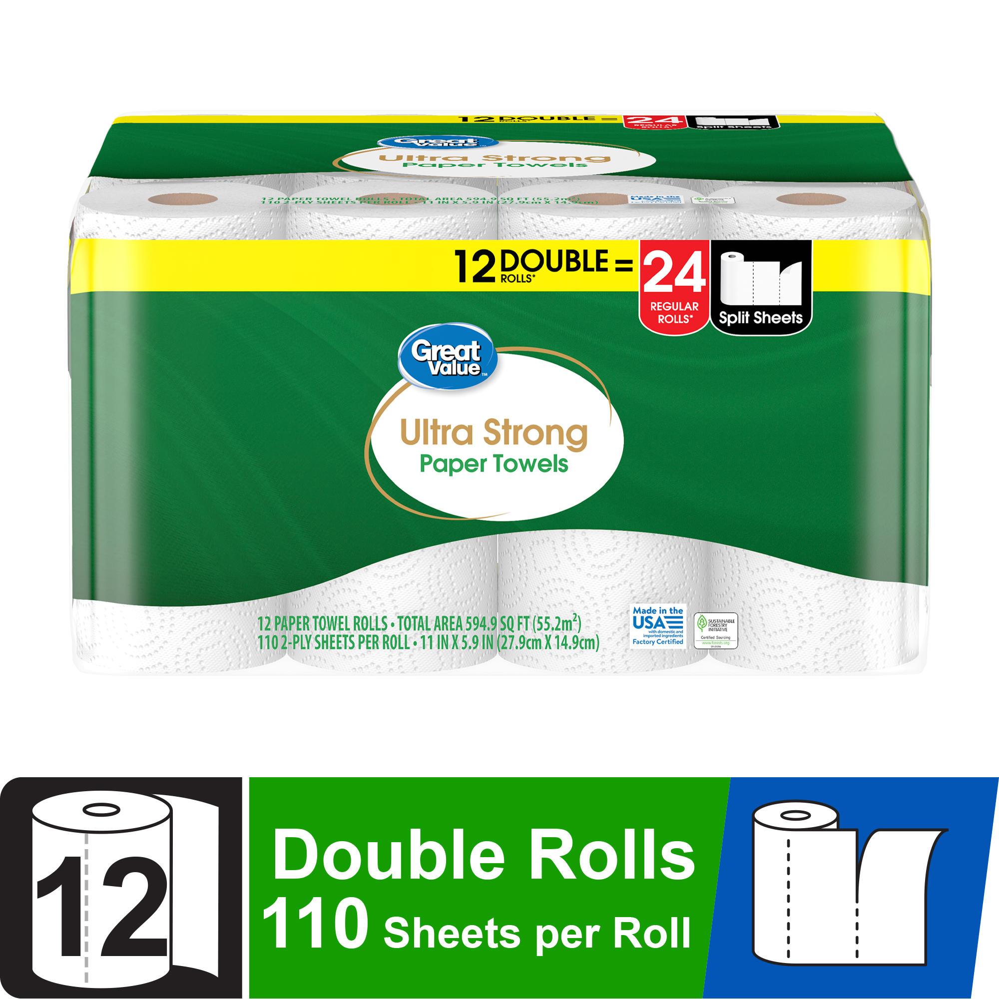 Great Value Ultra Strong Paper Towels, White, 12 Double Rolls