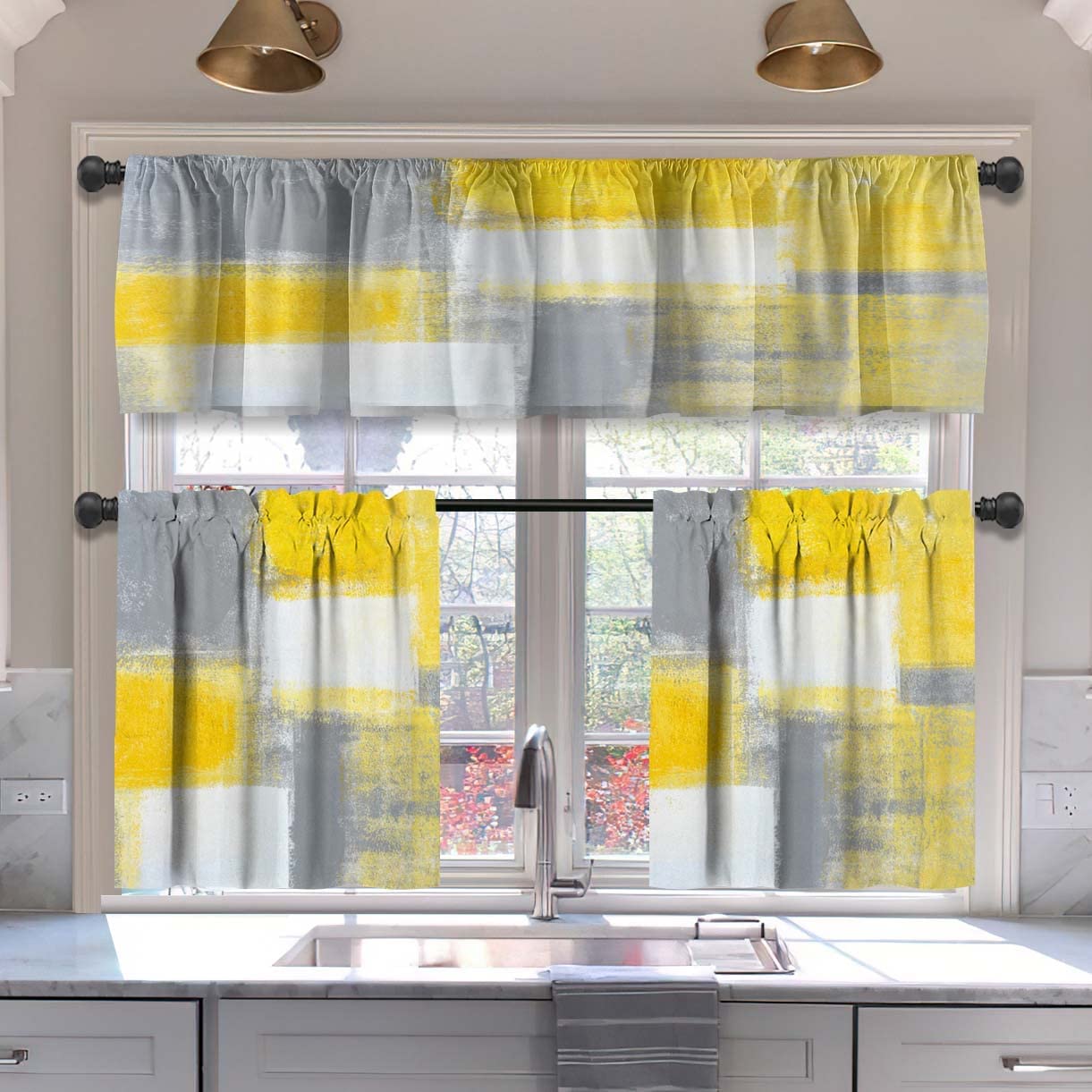 aoselan Grey and Yellow Kitchen Curtains Tiers and Valances Set 3 Piece