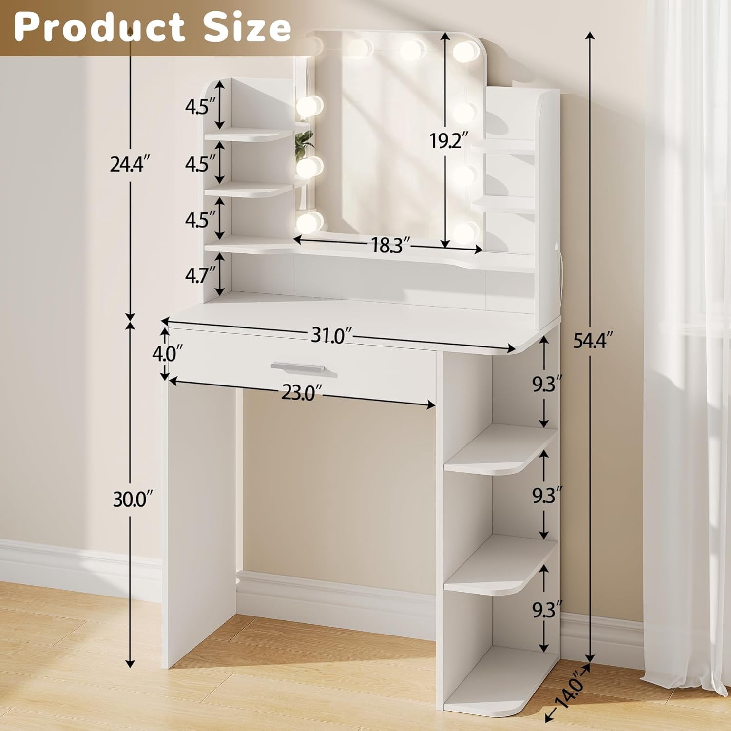 Pipleo 31" W Makeup Vanity Desk with Mirror and Lights, Small Vanity Table with 8 Storage Shelves, Big Drawer and 3 Lighting Colors, Bedroom Vanity for Girls