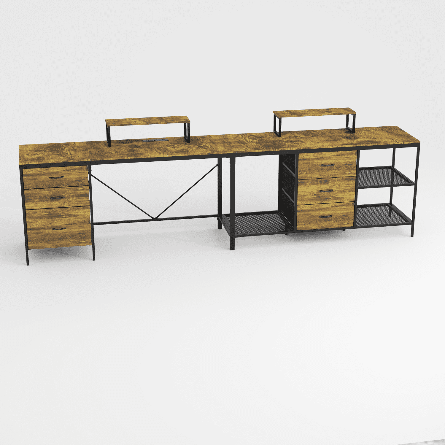 Lisonu 114" L-Shaped Desk with Power Outlets & USB-C, Industrial Corner Computer Desk with 6 Drawers & Movable Monitor Stands, Rustic Brown