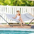 thumbnail image 3 of SUNCREAT Double Hammock, Extra Large Quilted Fabric Swing with Thick Hardwood Spreader Bars & Detachable Pillow, Heavy Duty, Perfect for Indoor/Outdoor Patio, Deck, Yard (12 FT Steel Stand Included), 3 of 7