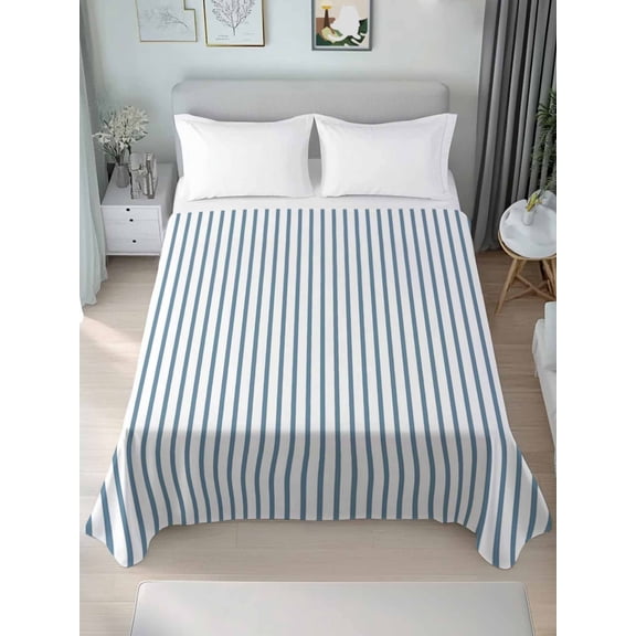 Queen Flat Sheet Only Light Blue White Pinstriped Soft Microfiber Cooling Bedding Sheets Classic Geometric Striped Flat Bed Sheet
