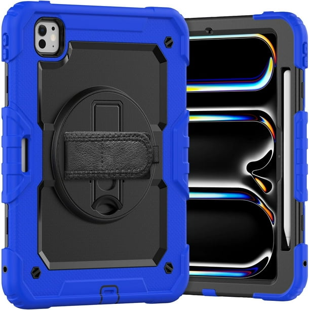 Funda para iPad Pro de 11 pulgadas (M4) 5.ª generación 2024, funda protectora resistente a los golpes con protector de pantalla, soporte giratorio de 360°, correa para mano/hombro