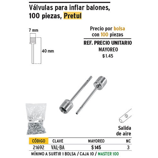 Válvulas para inflar balones, bolsa 100 piezas, Pretul Pretul Válvulas para inflar balones, bolsa 100 piezas, Pretul