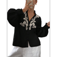 thumbnail image 2 of Women's Embroidered Linen Shirts Button Up Sleeve V Neck Boho Blouse, 2 of 10