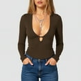 thumbnail image 2 of Women's Deep V-Neck Long Sleeve Top with Lace Hollow Out Detail, Sexy Fashion Fitted Blouse, Basic Tee,Coffee,Size S, 2 of 4