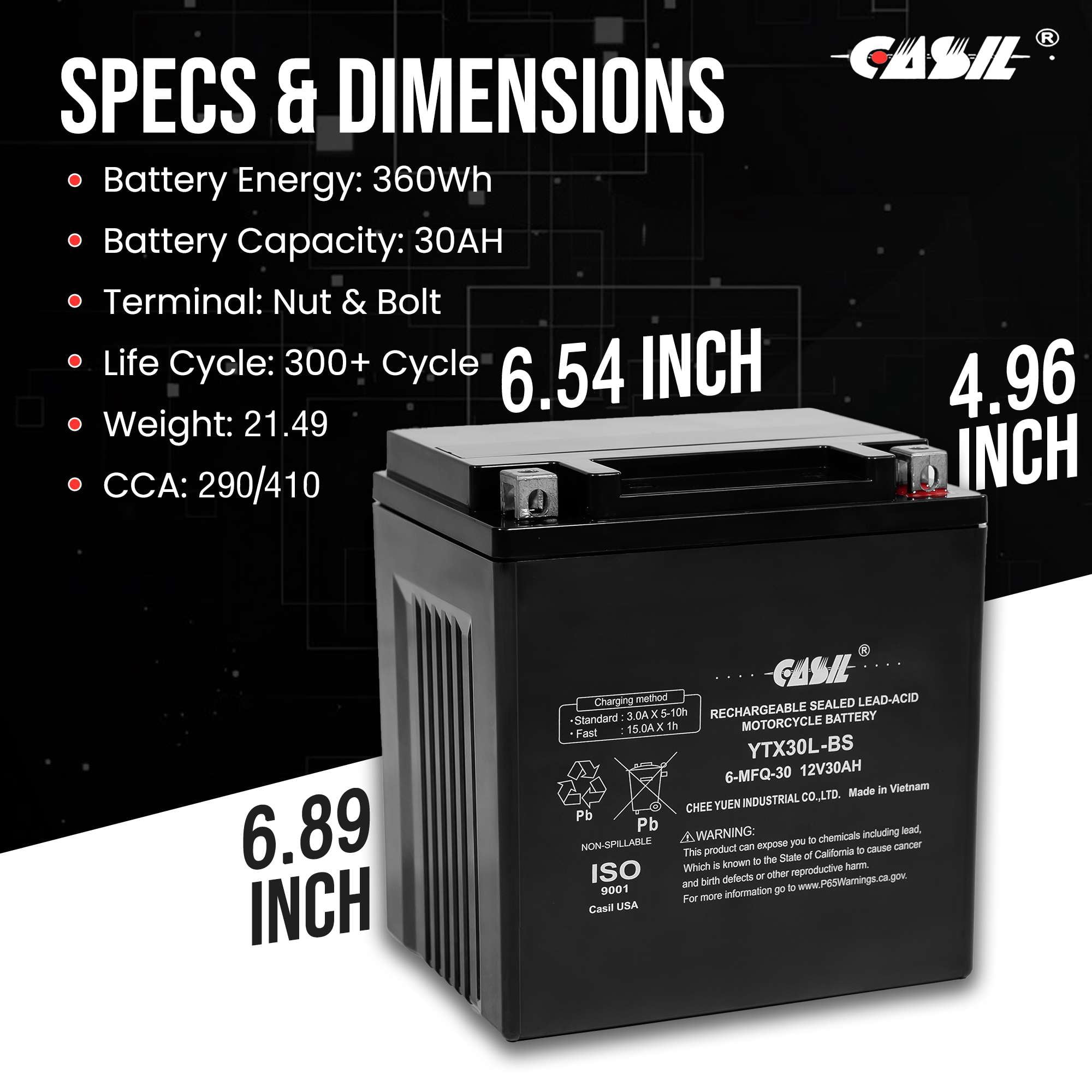 Casil YTX30L-BS Power Sports Battery 12V 30AH Motorcycle Battery for Polaris 800 Ranger 2012-2014