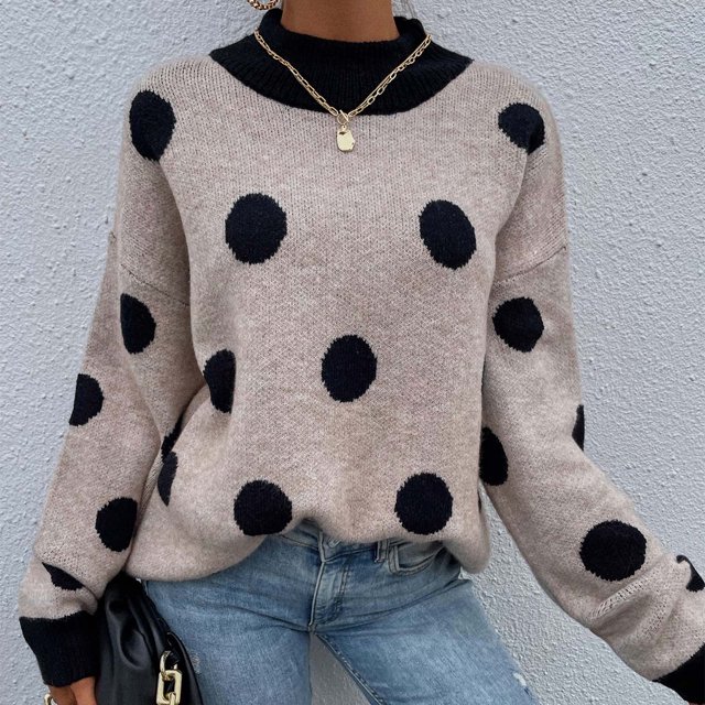 Chandail Tricoté à Pois Col Rond pour Femmes Mode Chandail Tricoté Haut Blouse