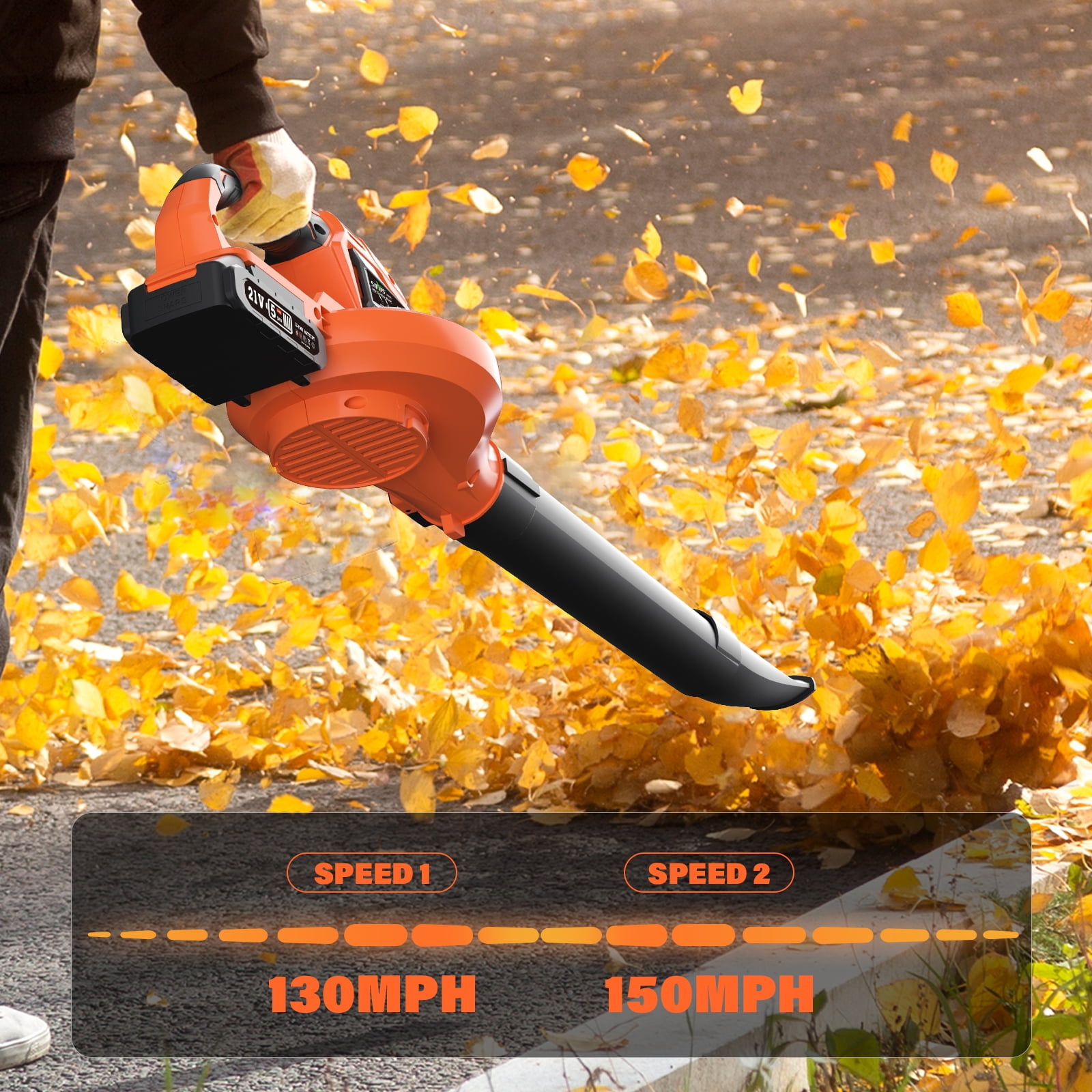 SOYUS Snow Blower, 21V Leaf Blower Cordless with 2x2.0Ah Battery and Charger, 150 MPH Electric Leaf Blower with Two-Speed Mode, Blowers for Lawn Care, Debris Dust Cleaning(Orange)