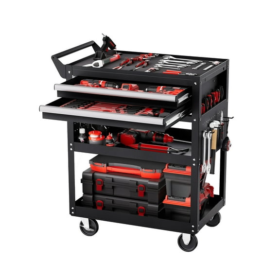 VEVOR 5-Tier Tool Cart with Wheels, 400 lbs Load Capacity, Rolling Work Cart with 2 Drawers & Pegboard, Mechanic Tool Storage Organizer with Locking System for Warehouse and Repair Shop, Black