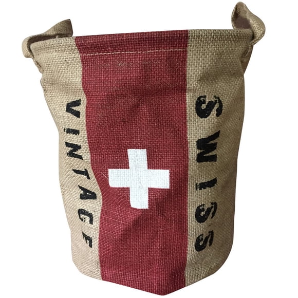 Coralpearl Burlap Woven Storage Basket Collapsible Vintage, Round Jute Food Toy Bucket Organizer with Handles, Small Linen Patriotic Decor Bin for Shelf Table Desk Top, 9.5" D. X 12" H (Swiss Flag)