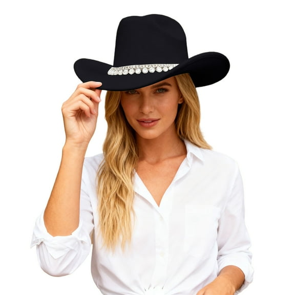 HNMKIU British Style Cowboy Hat for Elegant Women Wide Brim Western Rancher Headwear with Classic Embellishment for Fashionable Outdoors Women's Hats 06_Black,One Size