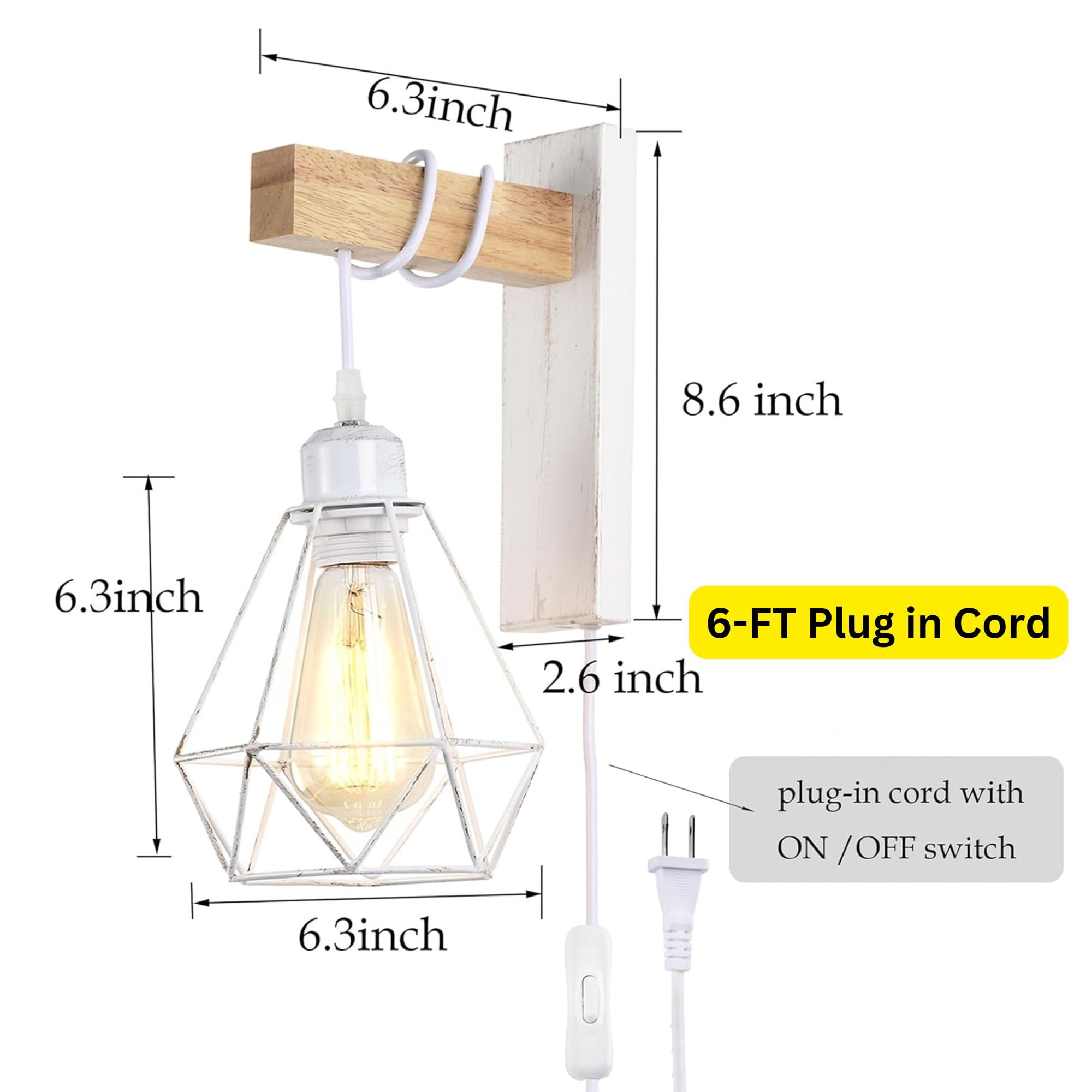 Farmhouse Plug In Wall Sconces Set of 2, Wood White Metal Cage Wall Lights with On/Off Switch for Bedroom Living Room