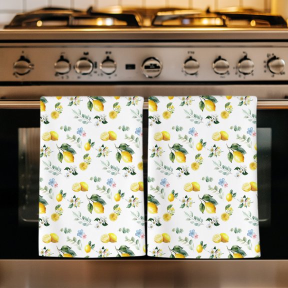 Summer Lemon Kitchen Towels Set of 2, Rustic Fruits Leaves Pastoral Flower Plants Absorbent Dish Towels for Kitchen, Microfiber Hand Towel, Quick Drying Tea Towel for Cleaning Decorative Dishcloths