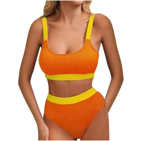 USNSM Women s Two-Piece Ribbed Swimsuit Color Block Patchwork Bikini Top with High Waist Bottom Sexy Crew Neck Bathing Suit Orange L