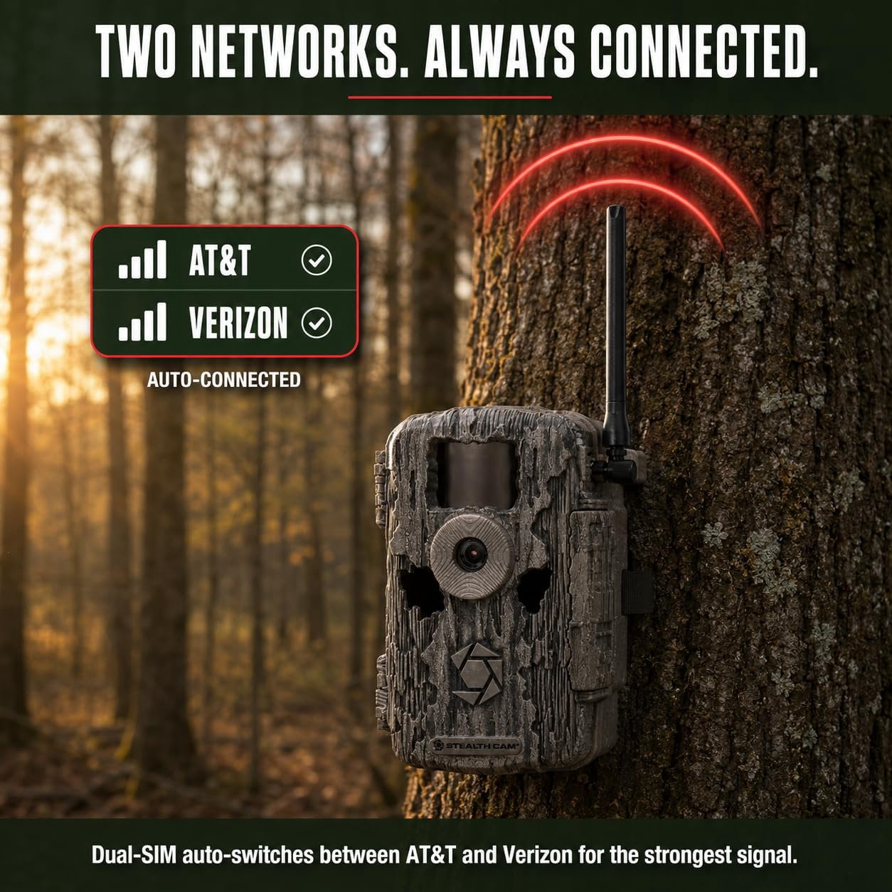 Stealth Cam Fusion MAX 36MP Cellular Trail Camera with Dual SIM AT&T & Verizon, 0.35s Trigger, 1080P Video, App Control, Includes Solar Panel, SD Card, & Cleaning Cloth 2PK
