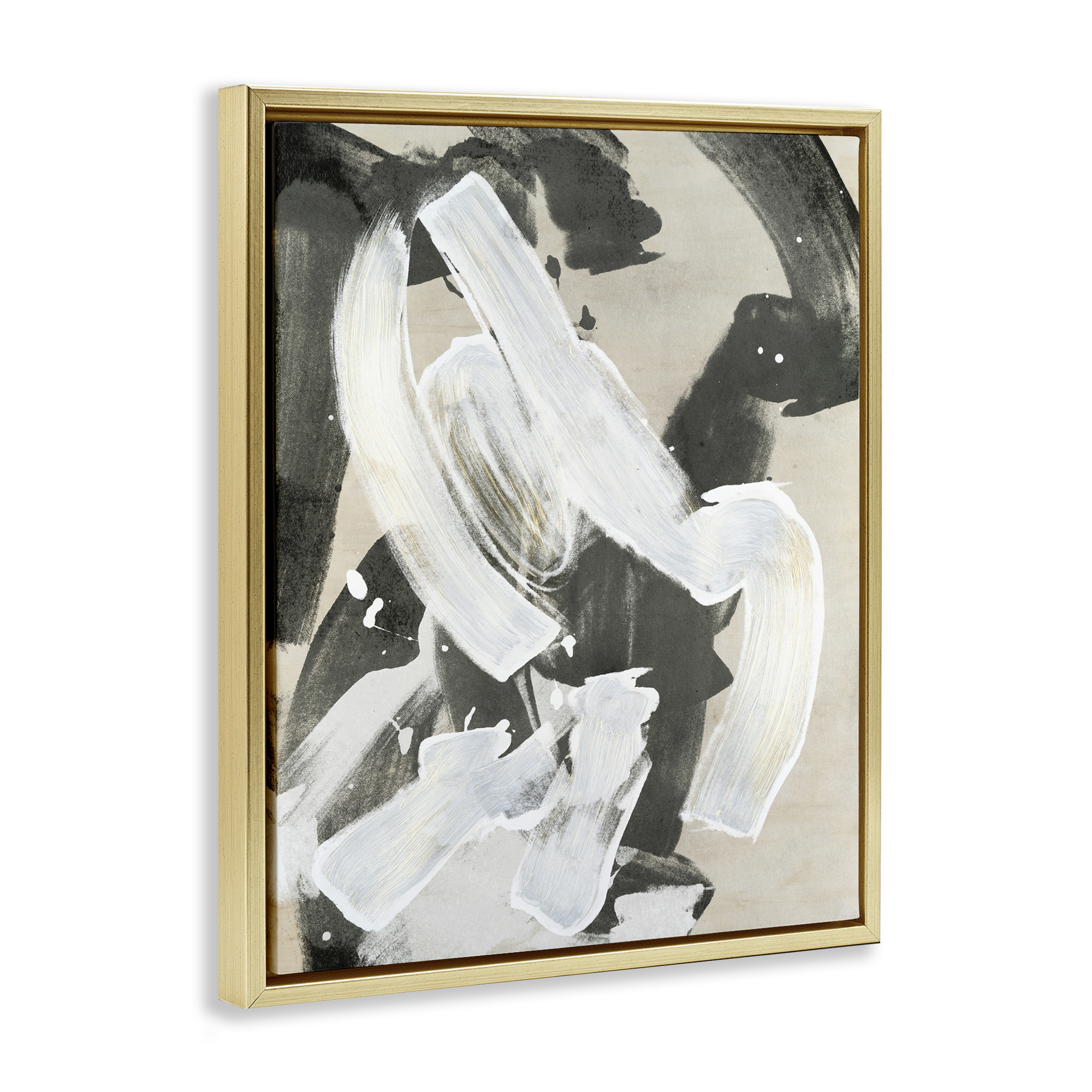 Stupell Industries Chaotic White Paint Streak Abstract Painting Gold Floater Framed Canvas Art Print Wall Art, 17 x 21