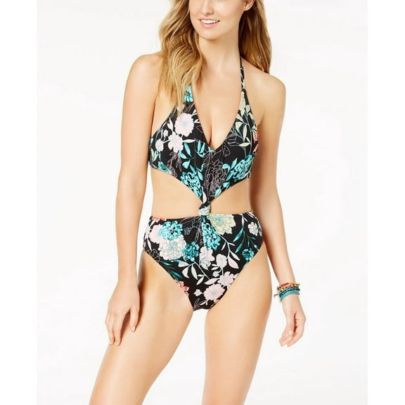 Bar lll Women Floral Knot Halter Cut Out One Piece Swimsuit Size L MSRP $88