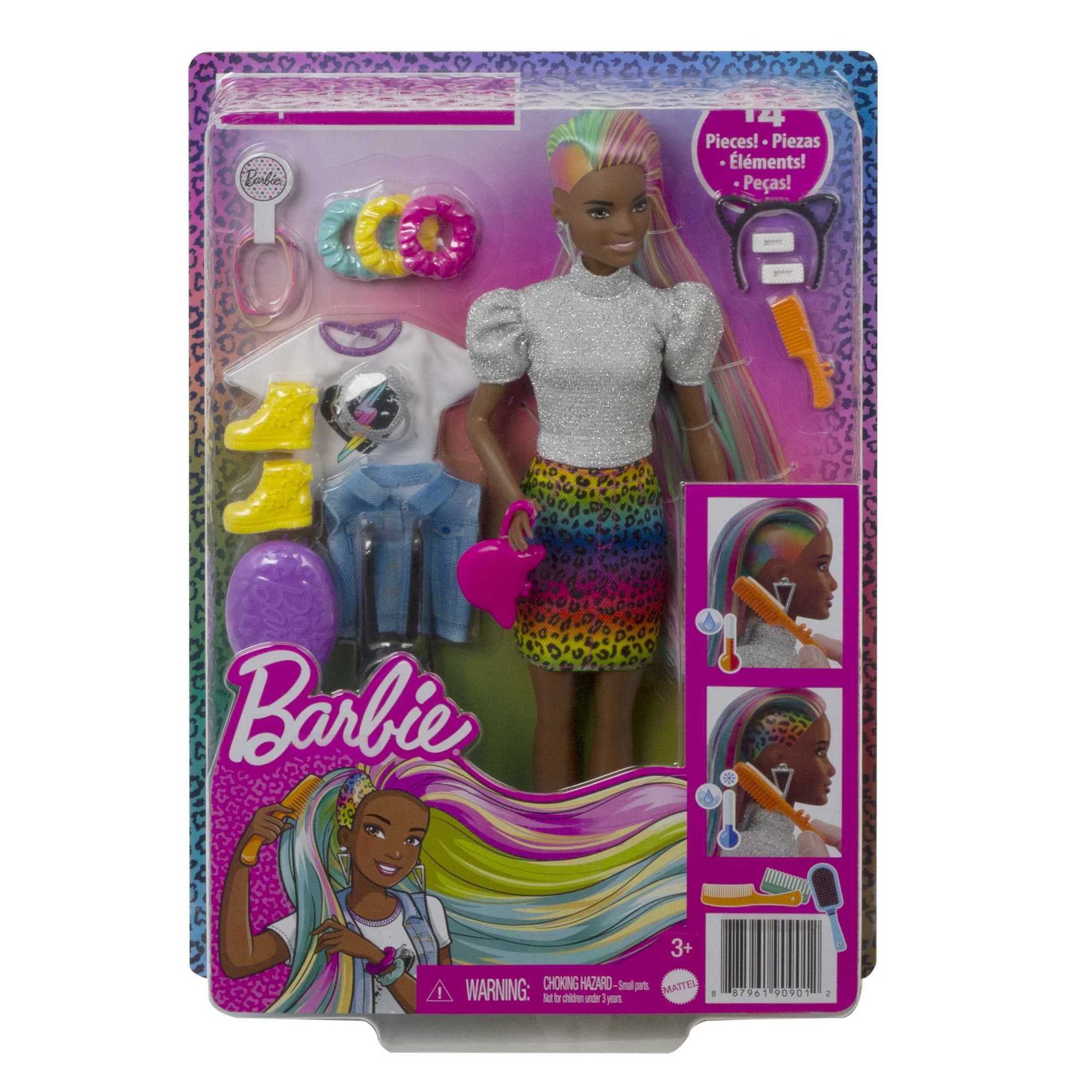 Barbie Leopard Rainbow Hair Doll with Color-Change Highlights & Styling Accessories