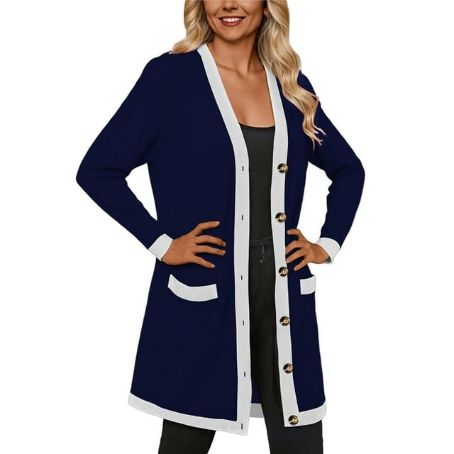 Suéter Cárdigan de Bloques de Color para Mujer, con Botones Al Frente y Ribete en Contraste, Informal, Ligero, para y Otoño Azul Oscuro XXL