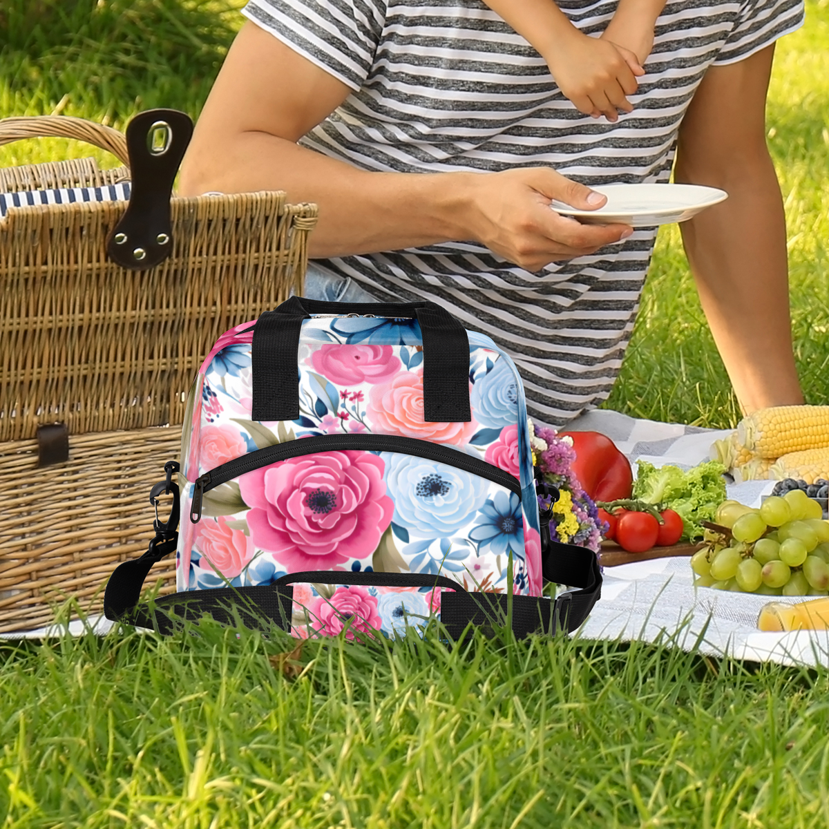 Herdesigns Pink Blue Floral Insulated Lunch Bag for Women Men Adults Large Reusable Lunch Box Leakproof Portable Cooler Tote Bags with Adjustable Shoulder Strap