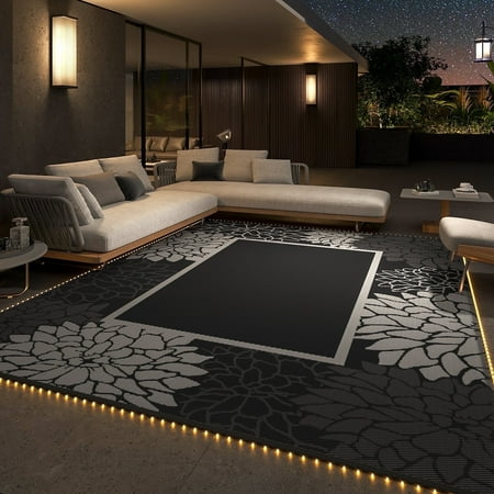 SIXHOME Outdoor Rug with LED Strip Lights 8 x10  Waterproof Reversible Patio Rug Floral Border Plastic Straw Indoor Outdoor Rug for RV Camping Garden Picnic Beach Deck Backyard Porch Decor