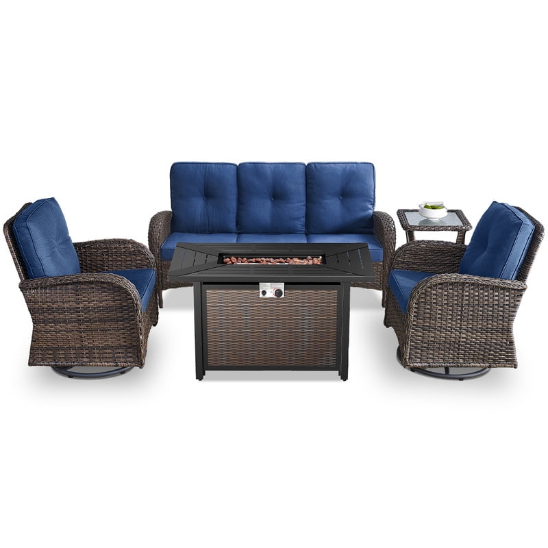 Patio Fire Pit Furniture Set 5-Piece Outdoor Wicker Furniture Set with 43" Propane Gas Fire Pit Table Outdoor Conversation Sofa Set with Swivel Rocking Chairs and Side Table, Blue Cushions