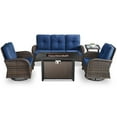 thumbnail image 2 of Patio Fire Pit Furniture Set 5-Piece Outdoor Wicker Furniture Set with 43" Propane Gas Fire Pit Table Outdoor Conversation Sofa Set with Swivel Rocking Chairs and Side Table, Blue Cushions, 2 of 12