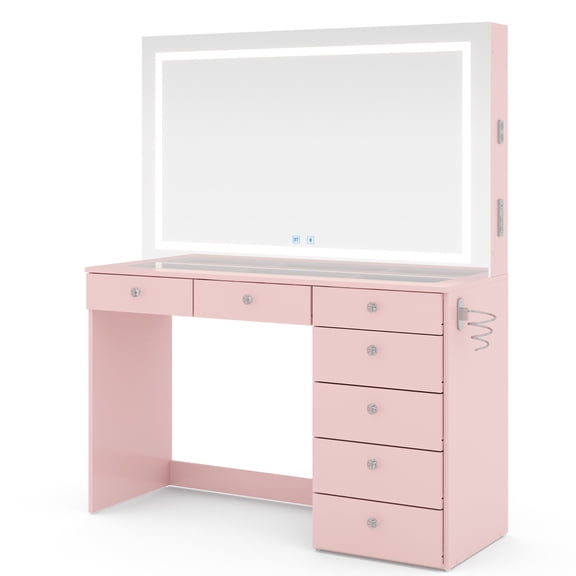 Boahaus Lyra Vanity Desk with LED Mirror and Built-In Speakers – Compact Makeup Vanity Table with Storage and Power Outlet