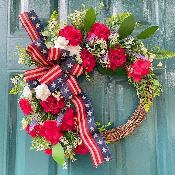 FastXmas 4th of July Patriotic Wreath for Memorial Day Door Red White Blue Wreath American Flag Truck Front Door Decor Independence Day for Front Door Porch 250th Anniversary Decor,17.7 Inch