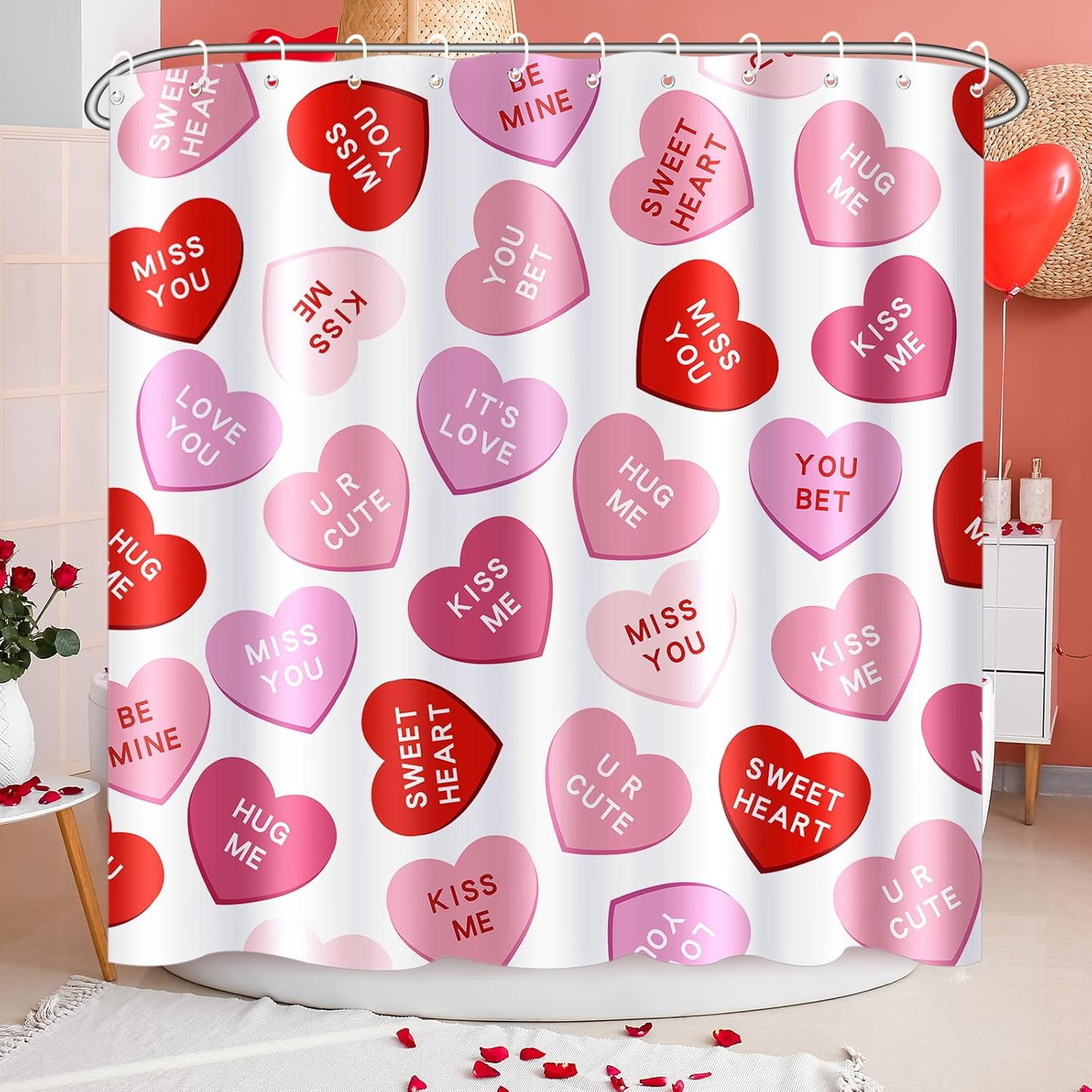 4 Pcs Valentines Shower Curtain Set, Non Slip Rugs Toilet Lid Cover U Shape Bath Mat and 12 Hooks Conversation Heart Pink Bathroom Supplies for Valentines Accessories Decor Set