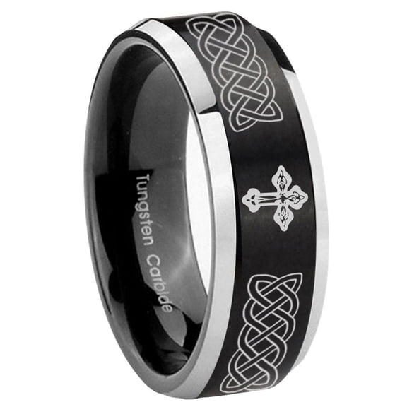 Celtic Cross Beveled Edge Brush Black 2 Tone Tungsten Men Ring 10MM