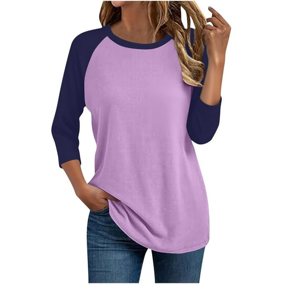 Womens Plus Size Tops, 3/4 Sleeve Shirts for Women Fashion Loose Fit Color Patchwork Basic Raglan Sleeve Crewneck Tees Fall Clothes
