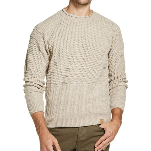 Weatherproof Mens Mixed Stitch Knit Sweater, Beige, Large