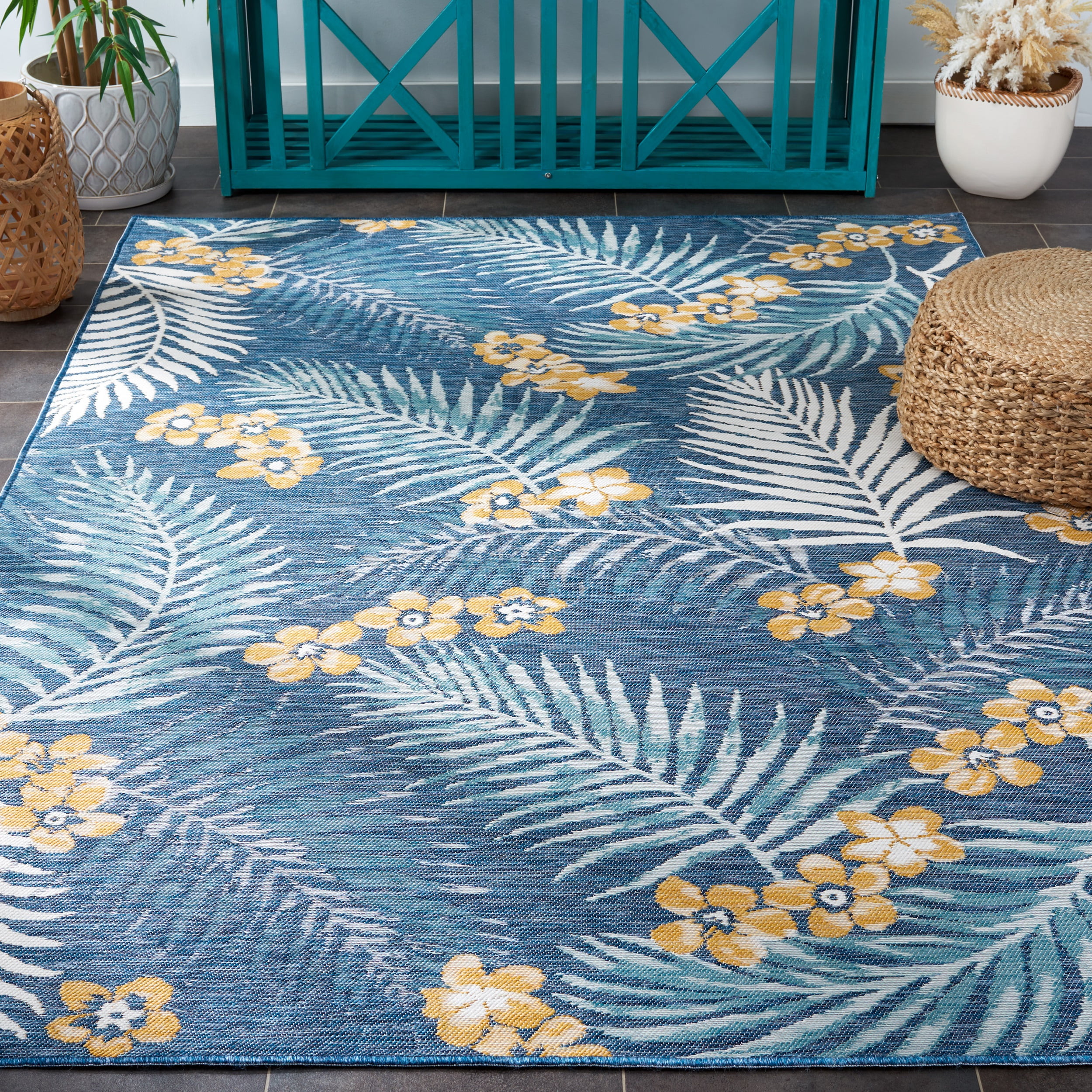 SAFAVIEH Sunrise Jane Floral Reversible Indoor/Outdoor Area Rug, Ivory/Blue Gold, 4' x 5'7"