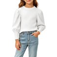thumbnail image 4 of OGLCCG Girls Long Sleeve Shirts Fall Puff Sleeve Top Kids Crewneck Ribbed Knit Dressy Blouse(White,1-2 Years), 4 of 6
